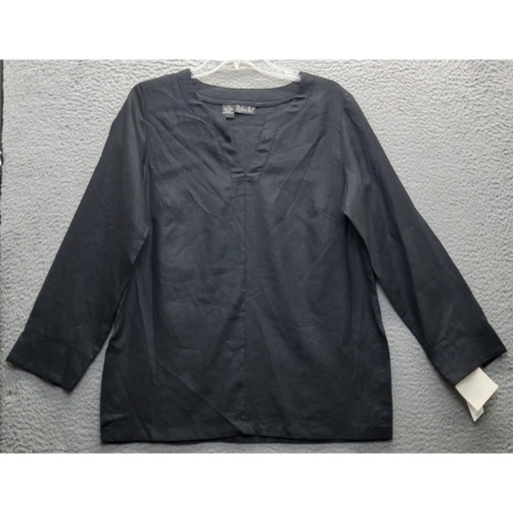Rafaella Blouse Top Womens Medium Black 100% Linen Long Sleeve V-Neck Pullover